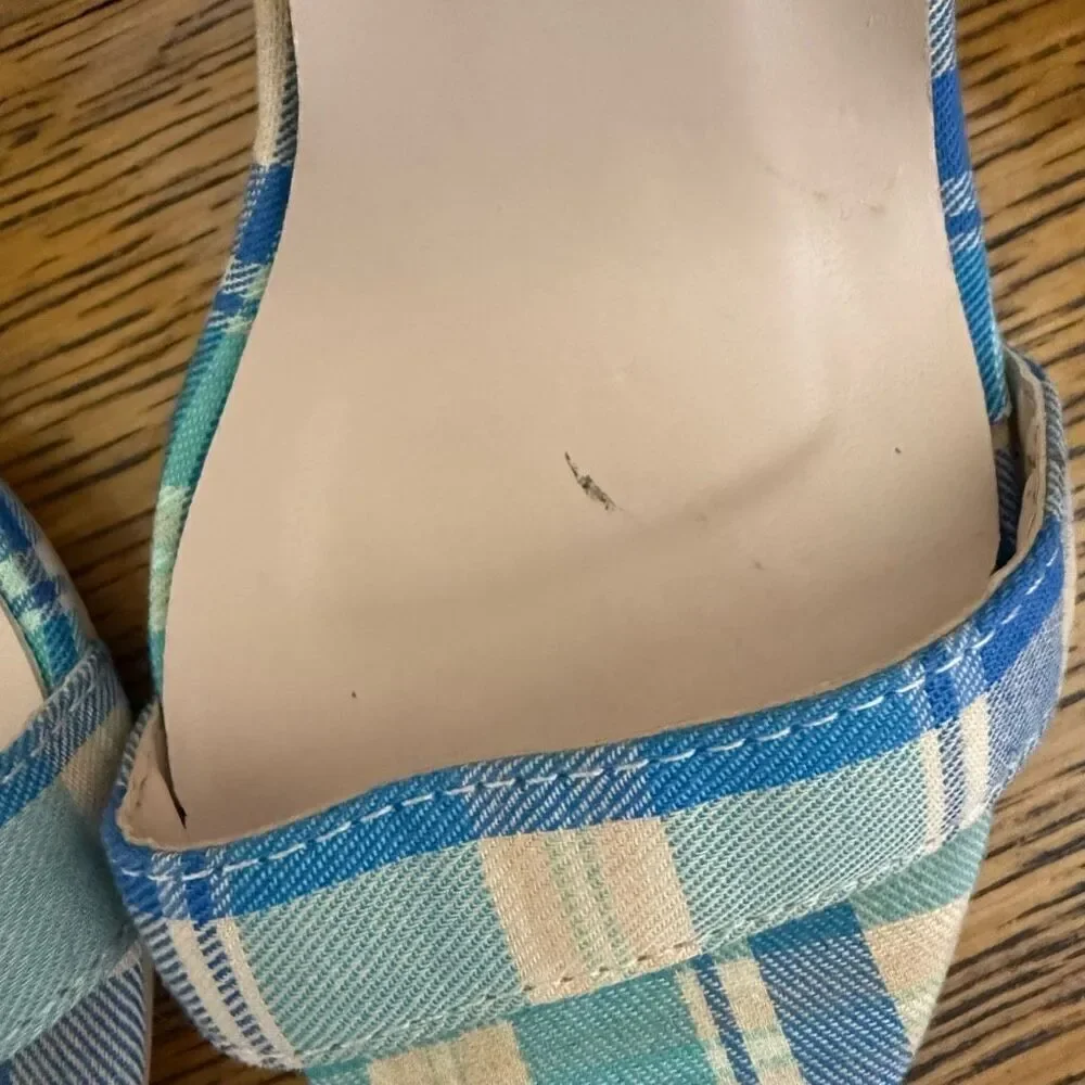 Dolls Kill Mojito Just Flawless Blue & Yellow Plaid Block Heel Sandals Sz 5/6